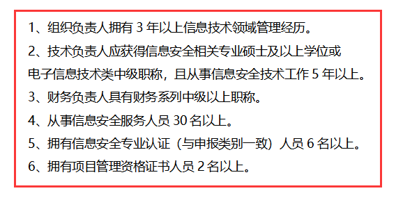 信息安全運維服務資質二級認證人員要求清單，共6點